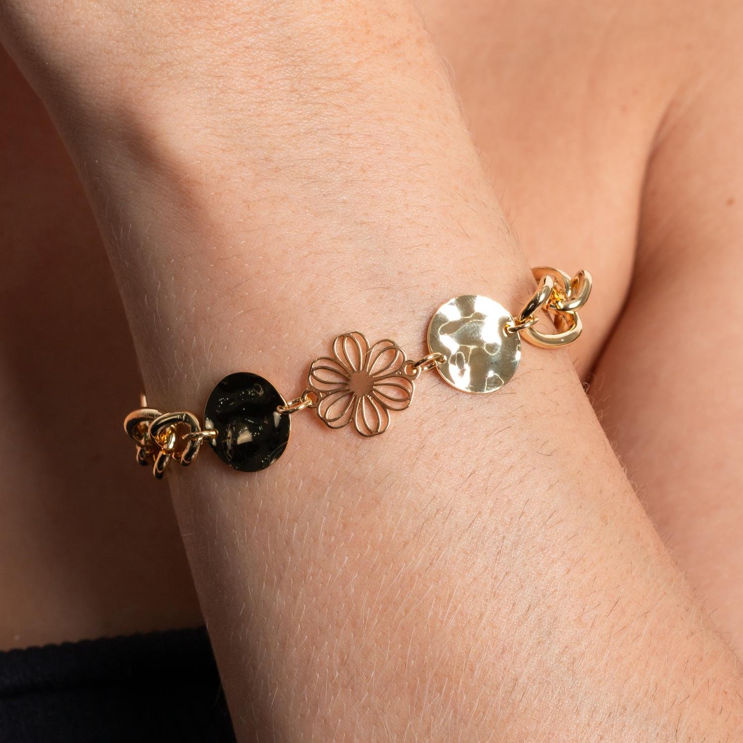 Pll-412-Fo Pulseira Elos Com Plaquinhas E Flor.