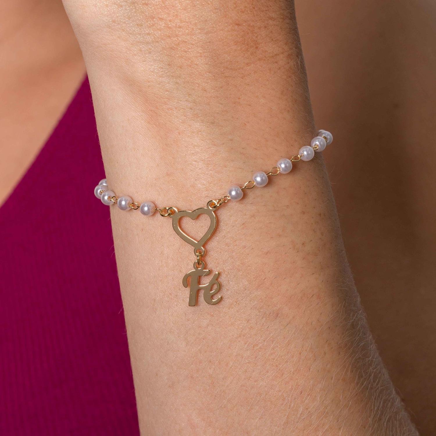 Pll-420-Fo Pulseira De Pérolas Com Coração E Fé.