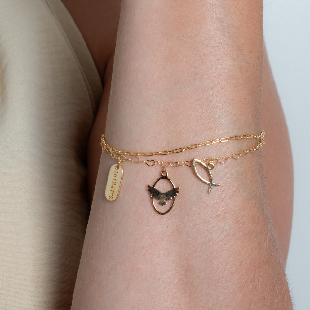 Pll-441-Fo Pulseira Dupla De Elos De Corações Com Pingentes Religiosos.