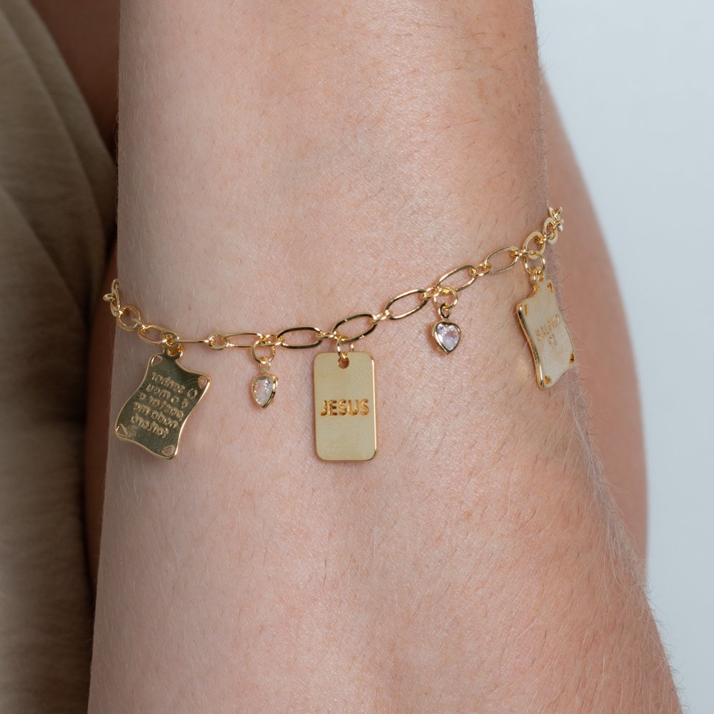 Pll-449-Fo Pulseira De Elos Com Pingentes De Zircônias Cristais E Plaquinhas Religiosas.