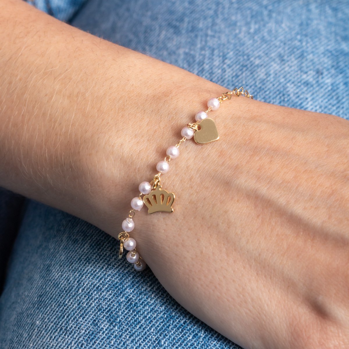 Pll-467-Fo Pulseira Duo Pérolas E Elos De Corações Com Pingentes De Corações E Coroa.