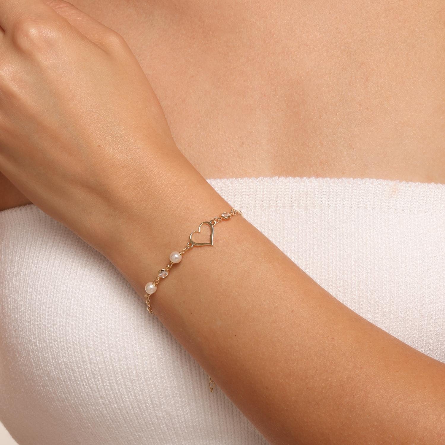 Pll-520-Fo Pulseira Detalhada de Coração Vazado, Zircônias e Pérolas. 