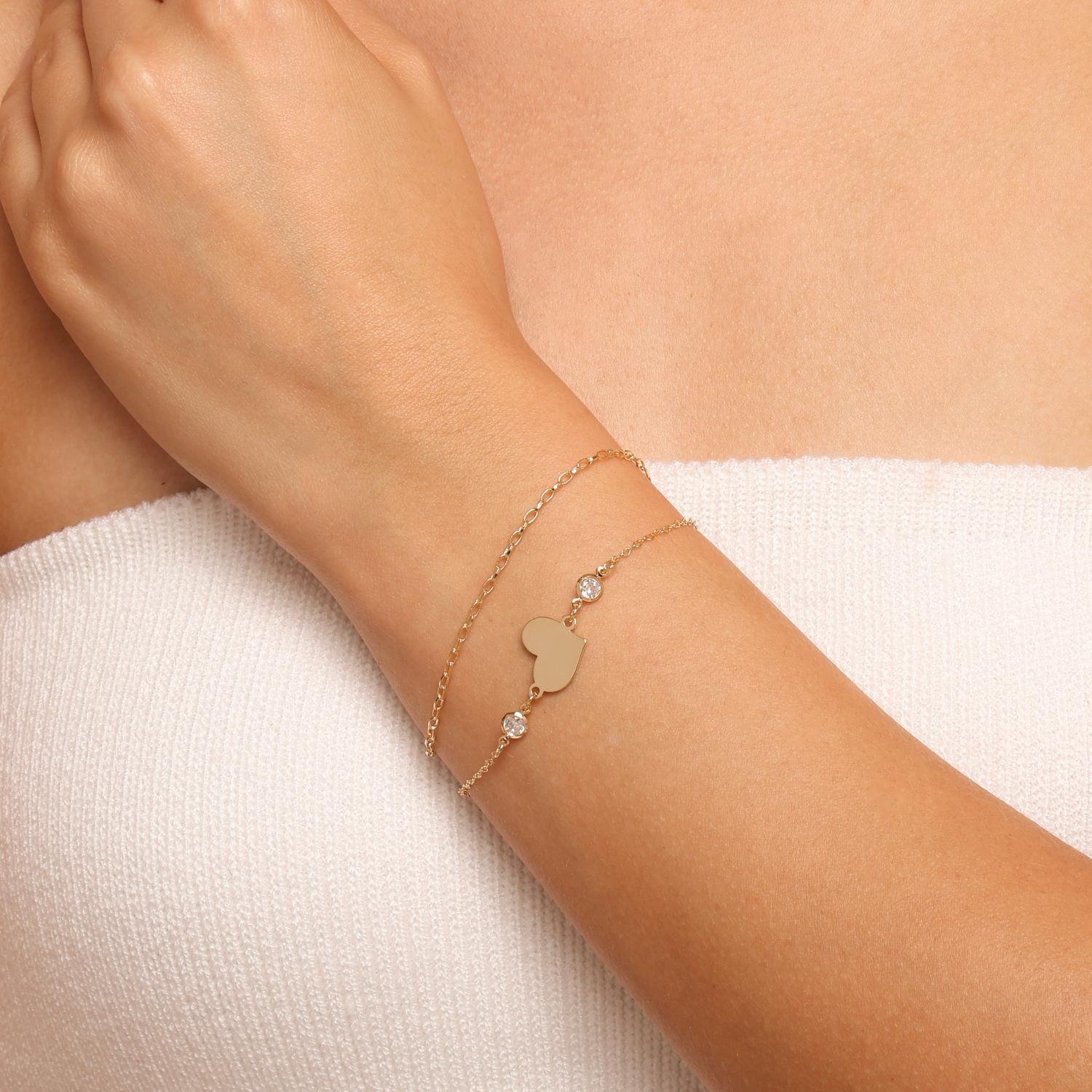 Pll-535-Fo Pulseira dupla elos variados coração liso e zircônias