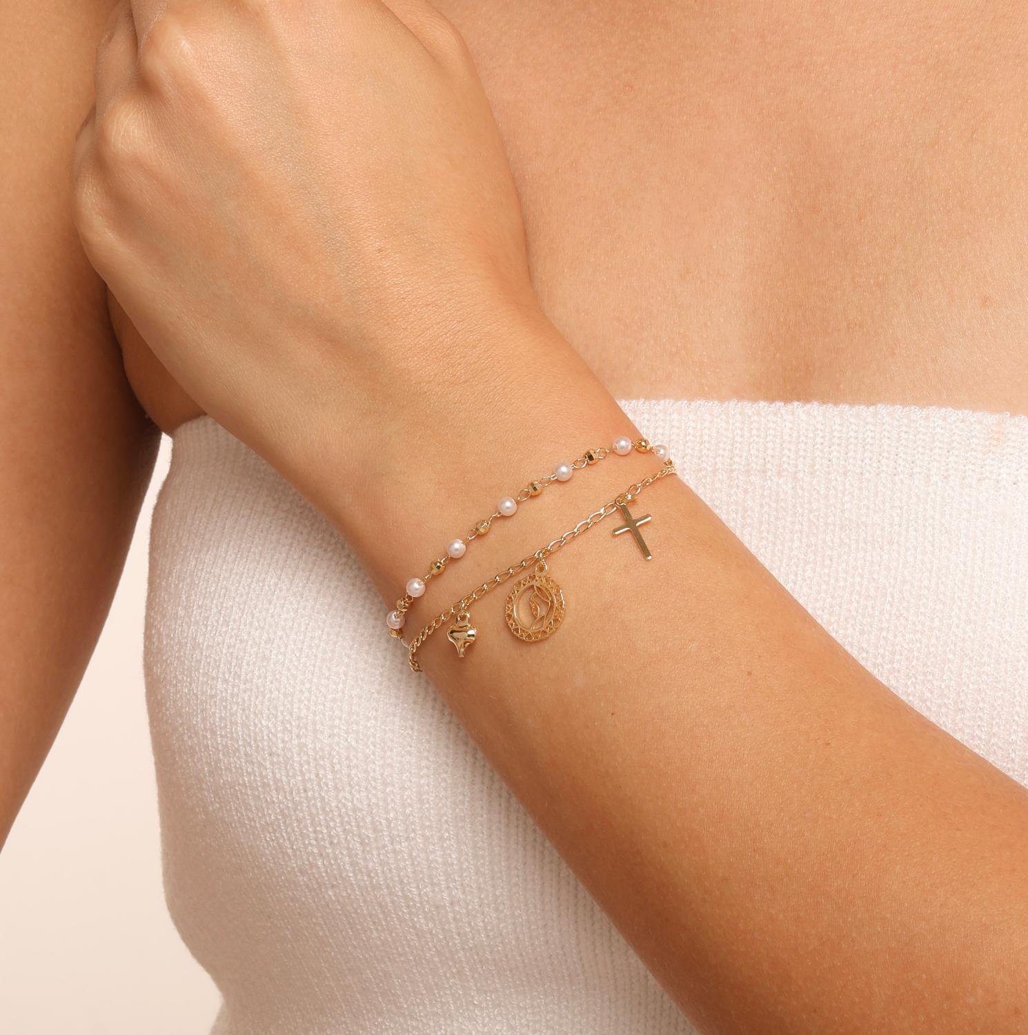 Pll-536-Fo Pulseira dupla pérolas e medalha religiosa com cruz e coração