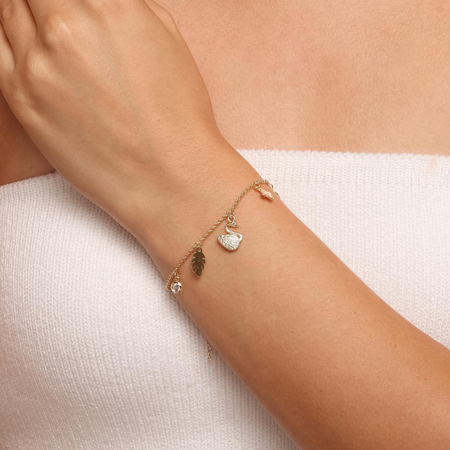 Pll-545-Fo Pulseira Feminina Design Natureza Cisne com Ponto de Luz e Folha Polida