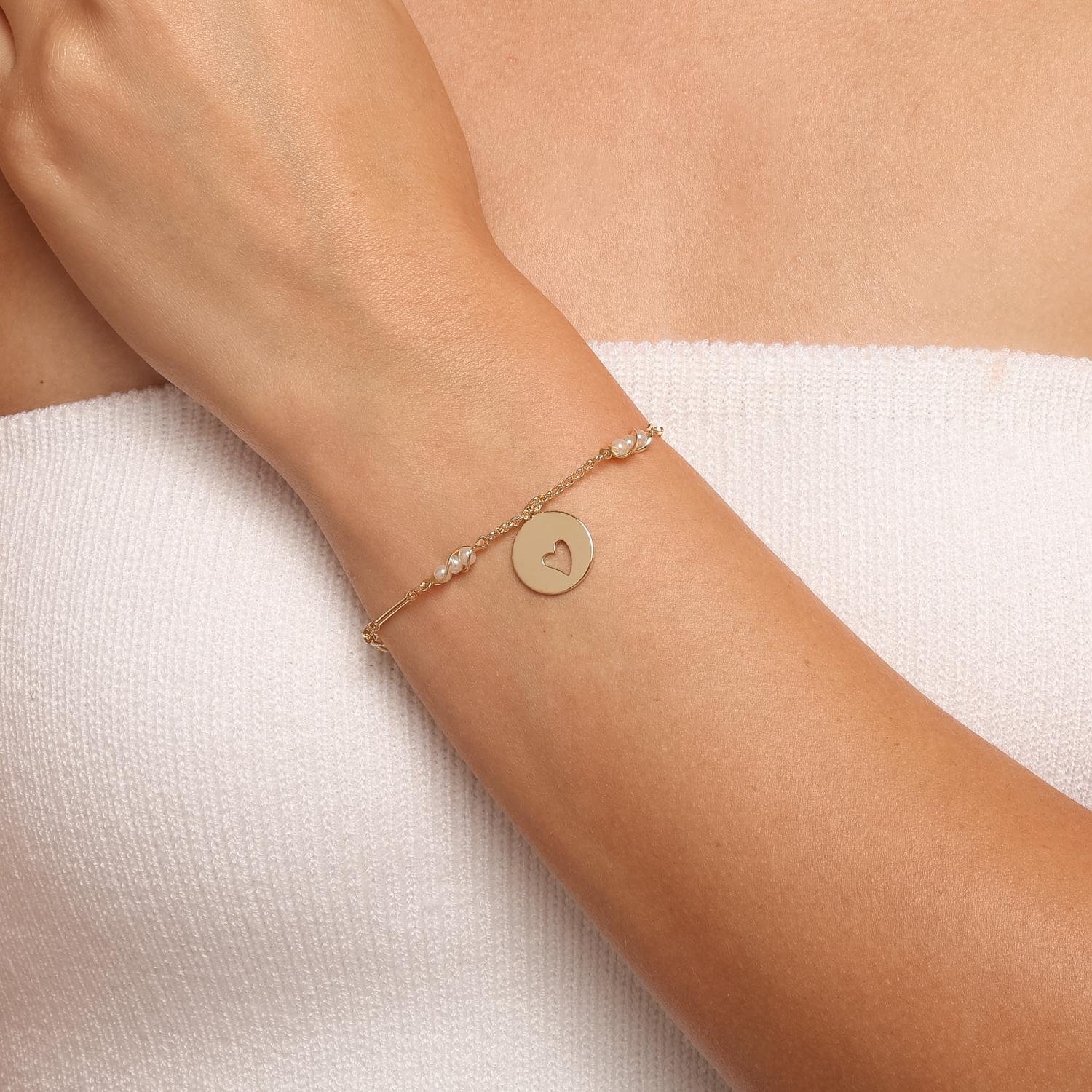 Pll-546-Fo Pulseira Feminina Medalha Polida Coracao Vazado com Detalhes em Perola
