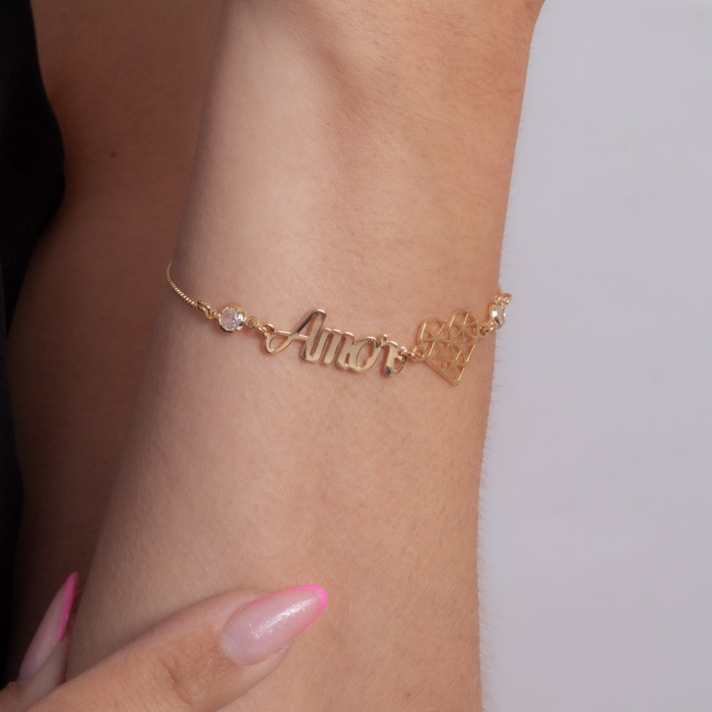 Pll-69-Fo Pulseira Regulável Amor Com Coração E Zircônias Cristais.