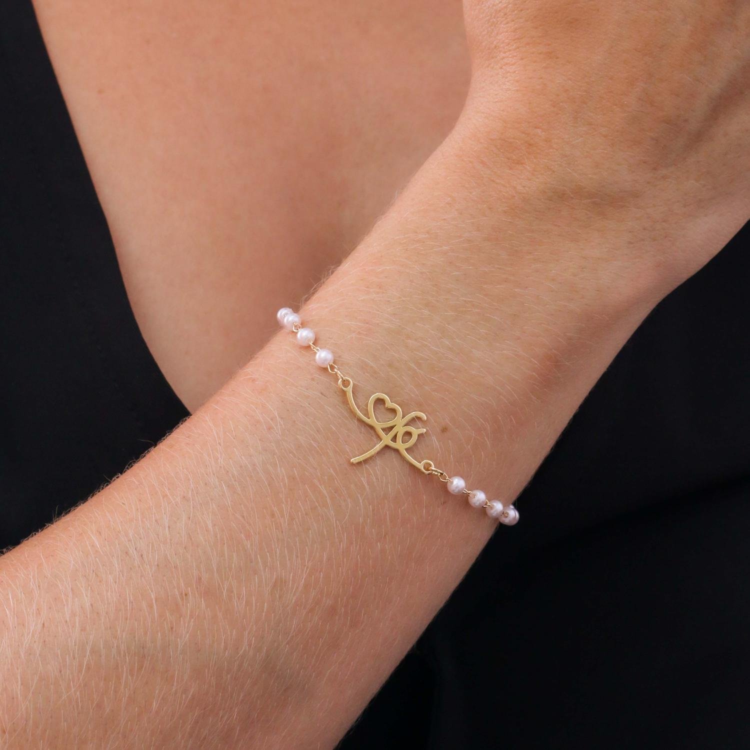 Pll-79-Fo Pulseira De Pérolas Fé E Coração Vazado.