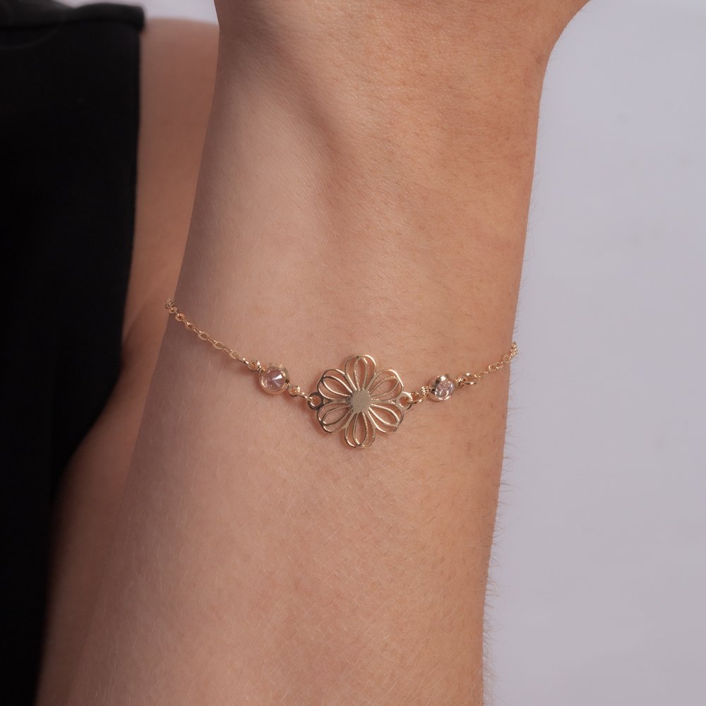 Pll-99-Fo Pulseira Com Flor E Zircônias Cristais.
