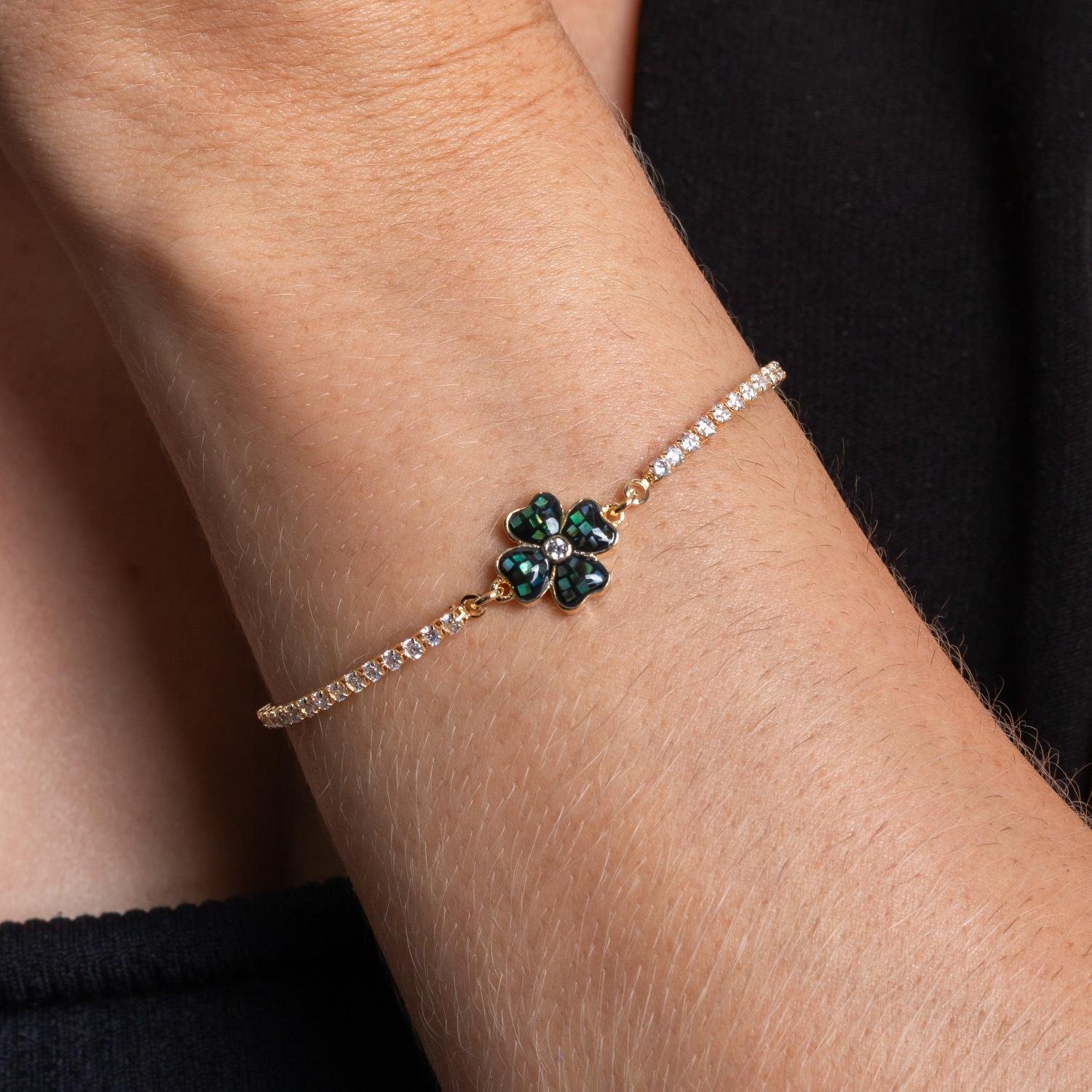 Psd-171-Fo Pulseira Trevo Cravejada De Zircônias Cristais + Verde.