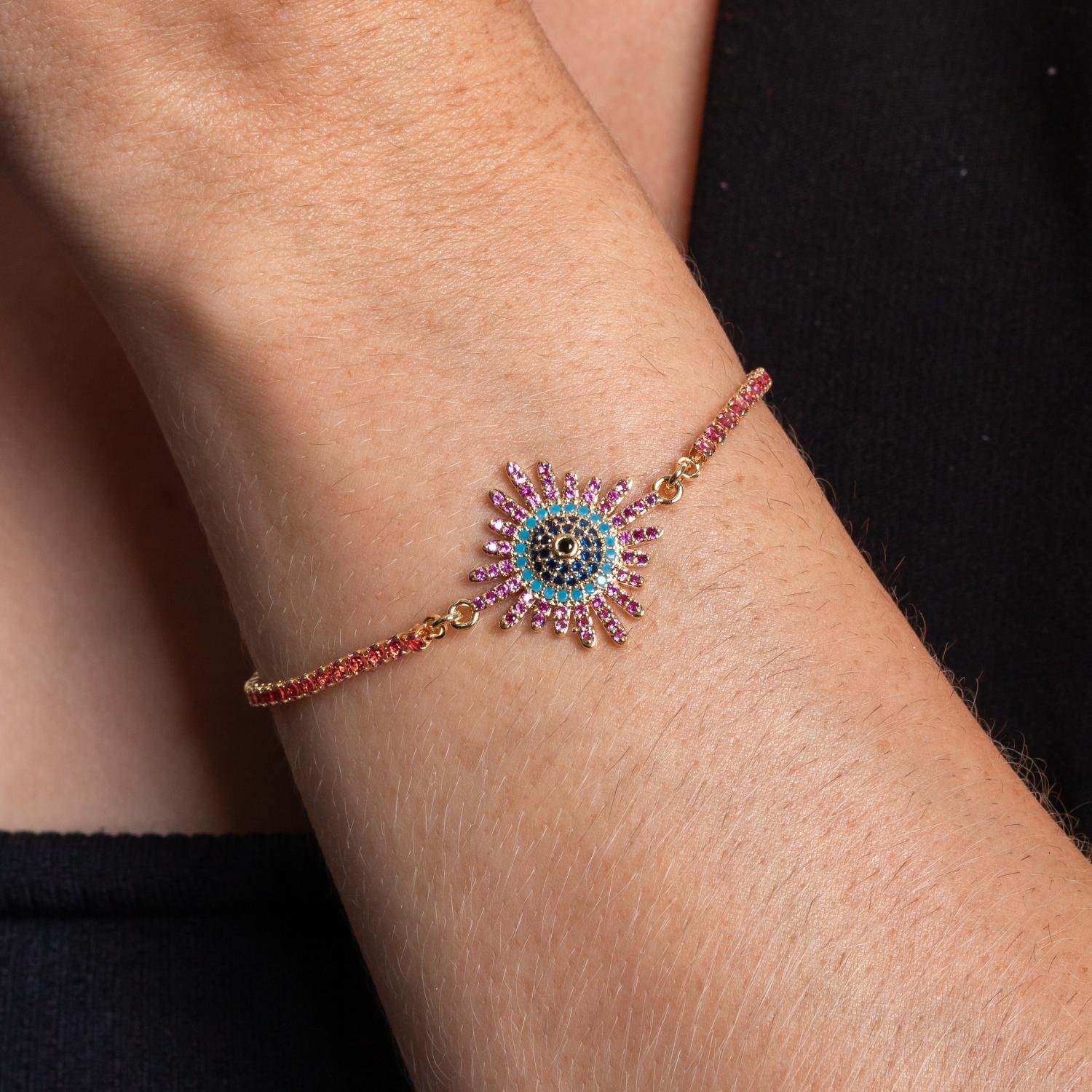 Psd-172-Fo Pulseira Olho Grego Cravejada De Zircônias Rosa.