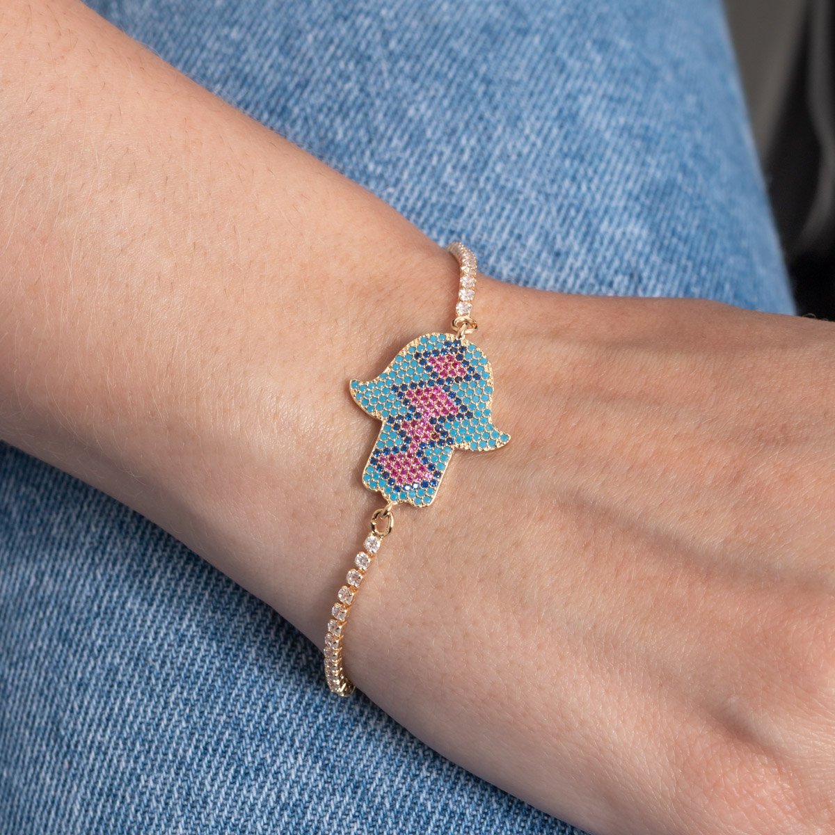 Psd-178-Fo Pulseira Mão De Fátma Cravejada De Zircônias Cristal + Azul.