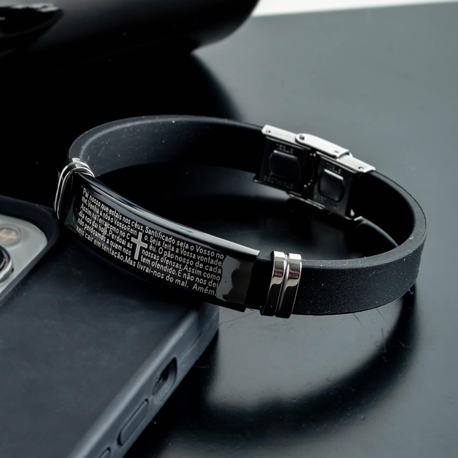 Psm-299-Aço Inox Pulseira Masculina De Silicone Pai Nosso (Aço Inox).