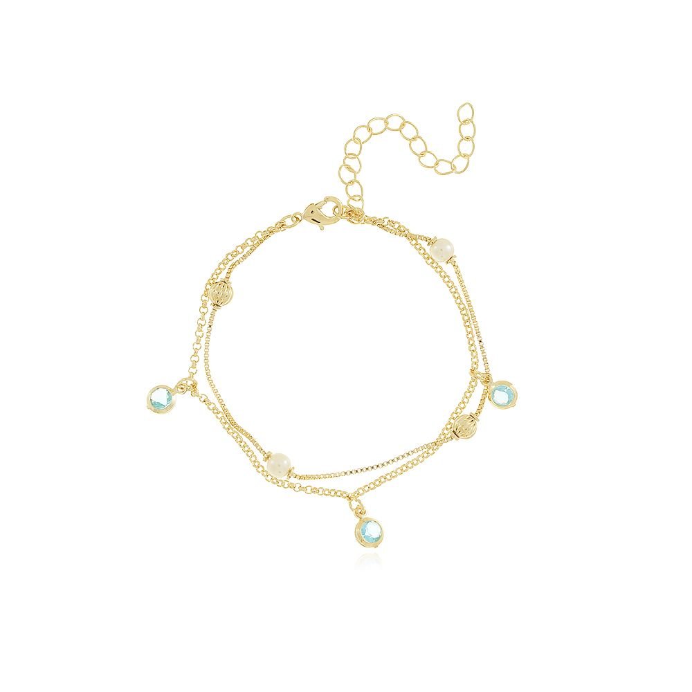 Pst-1432-Fo Pulseira Dupla De Pérolas E Zircônias Azul