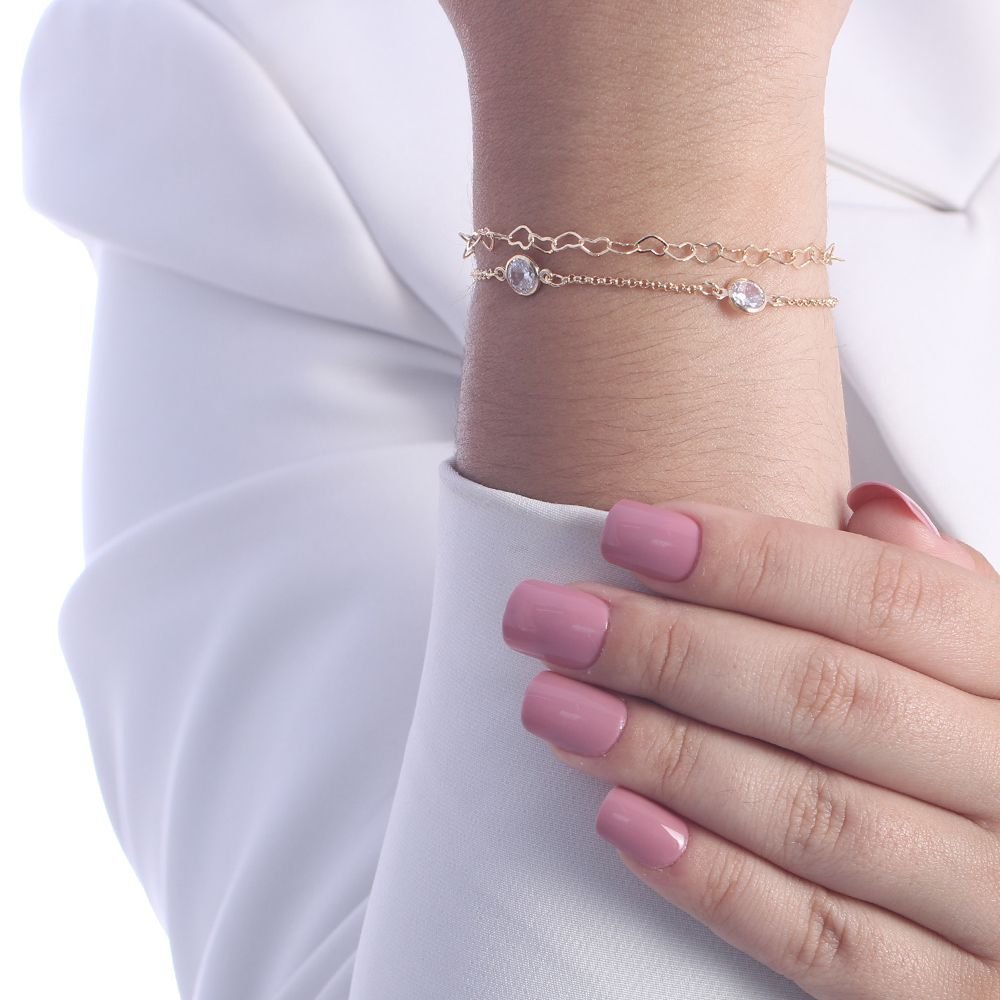 Pst-2165-Fo Pulseira Dupla Com Elos De Corações E Zircônias