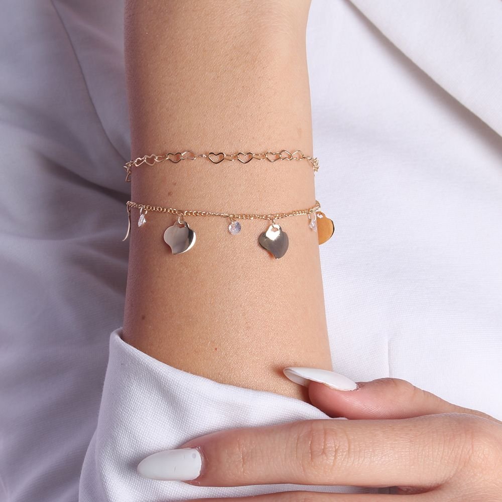 Pst-2166-Fo Pulseira Dupla Elos De Corações Com Pingentes Corações E Zircônias 