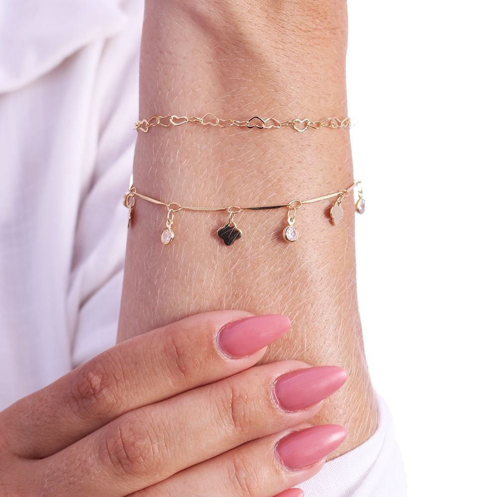 Pst-2169-Fo Pulseira Dupla Elos De Corações Com Pingentes De Flor E Zircônias 