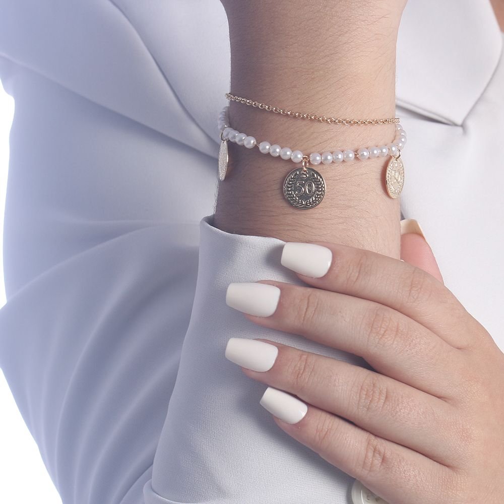 Pst-2236-Fo - Pulseira Pérolas E Moeda Antiga