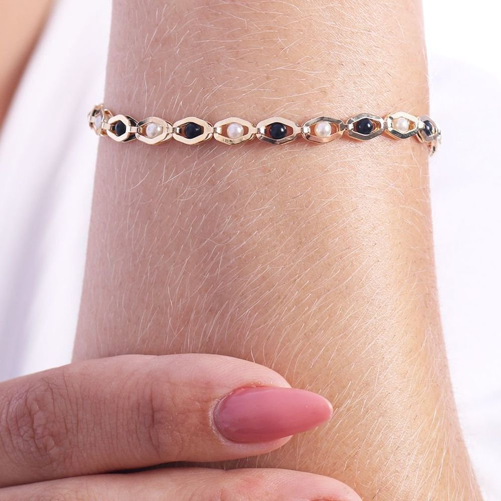 Pst-2292-Fo Pulseira Com Perolas E Bolinhas Preta