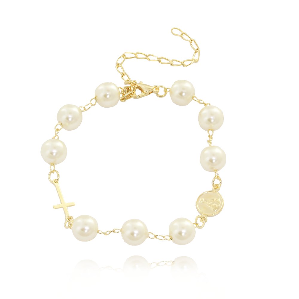 Pst-2489-Fo Pulseira Pérola Cruz E Nossa Senhora