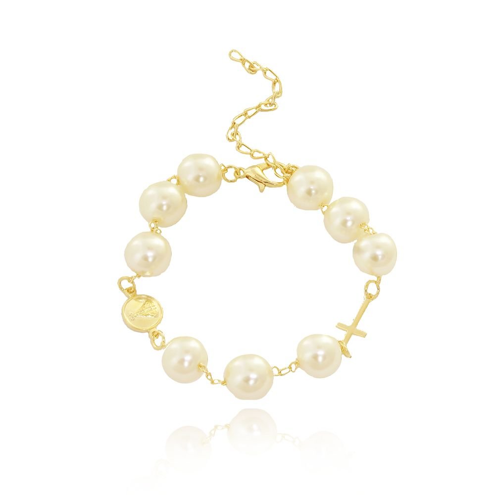 Pst-2490-Fo - Pulseira Pérola Cruz E Nossa Senhora