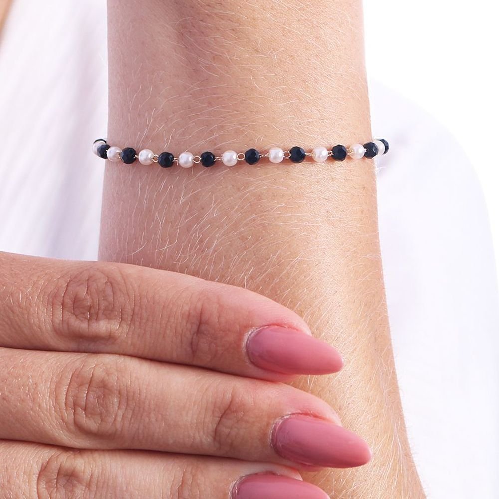 Pst-2510-Fo Pulseira Com Perolas E Bolinhas Preta