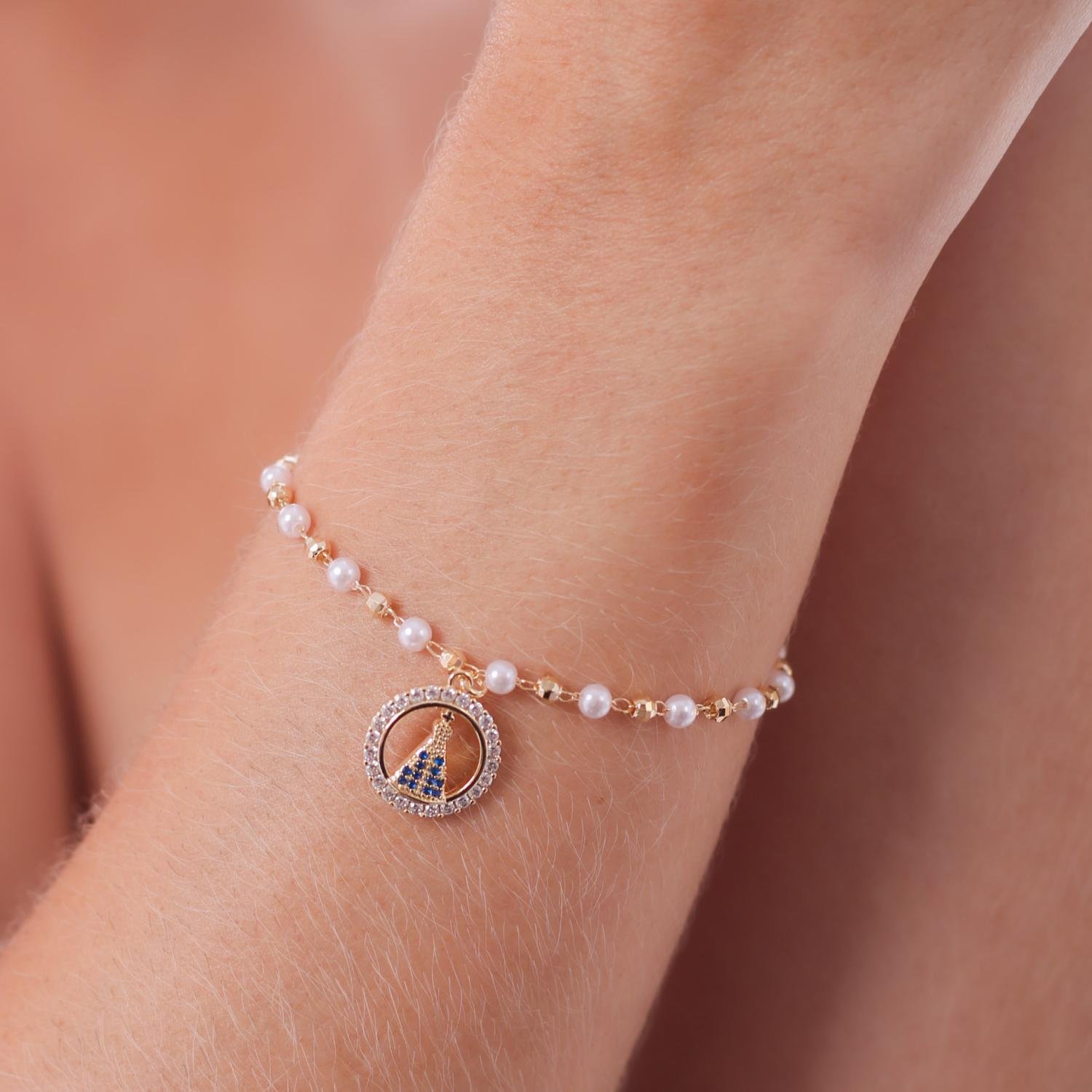 Pst-2527-Fo Pulseira De Pérolas E Bolinhas Com Nossa Sra. Aparecida Cravejada