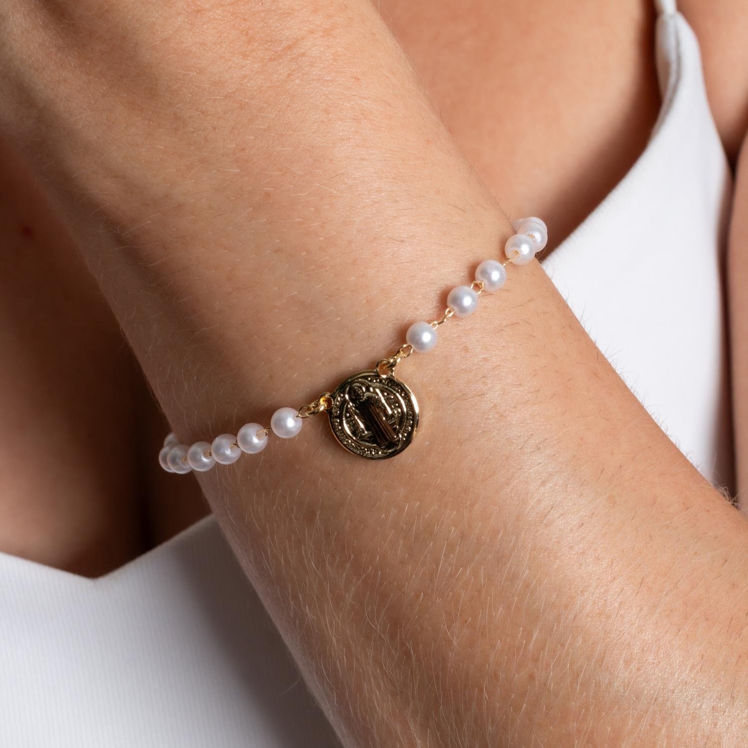 Pst-2561-Fo Pulseira De Pérolas Com Medalha De São Bento.