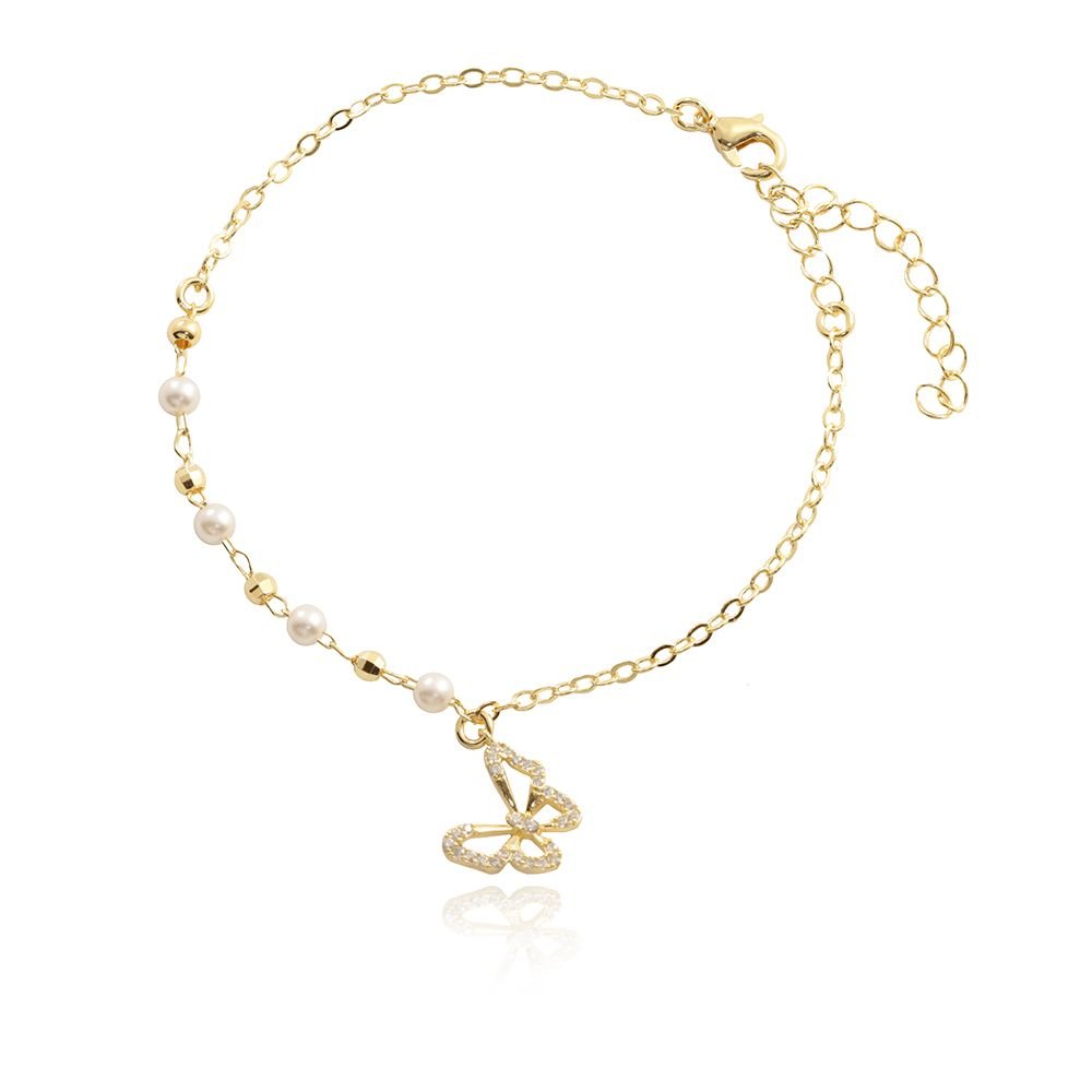 Pst-2611-Fo Pulseira De Borboleta E Pérolas Cravejada Cristal