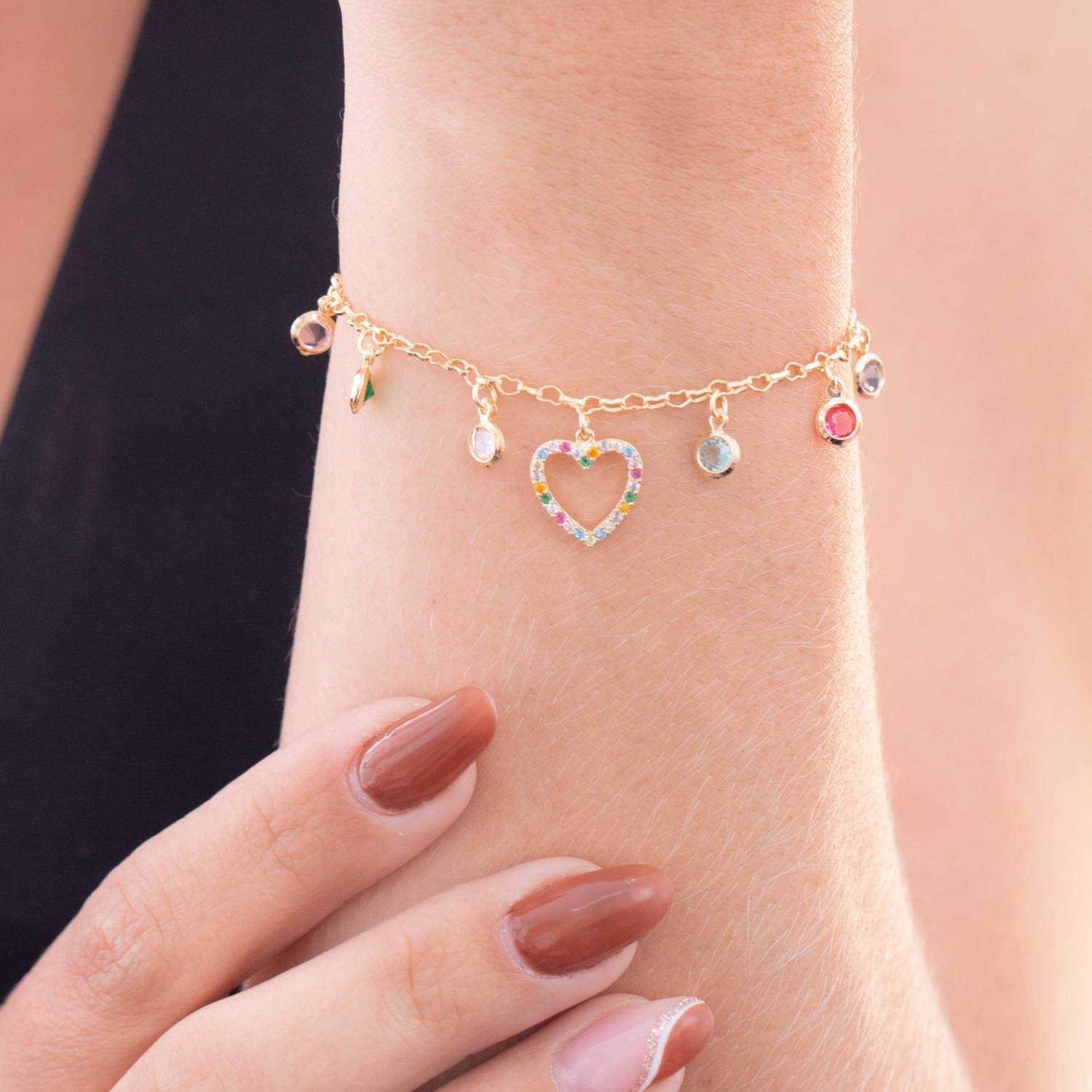 Pst-2616-Fo Pulseira Com Zircônias E Coração Cravejada Colorida.