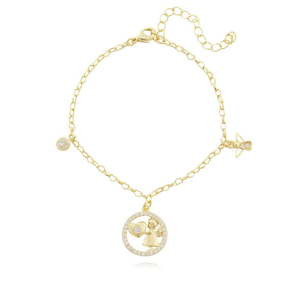 Pst-2622-Fo Pulseira Anjinho, Ponto De Luz E Medalha Vazada