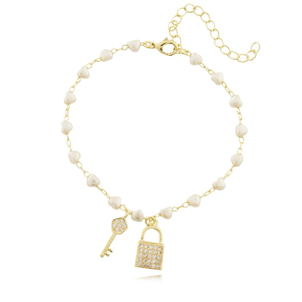 Pst-2628-Fo Pulseiras Pérolas De Coração Com Chave E Cadeado