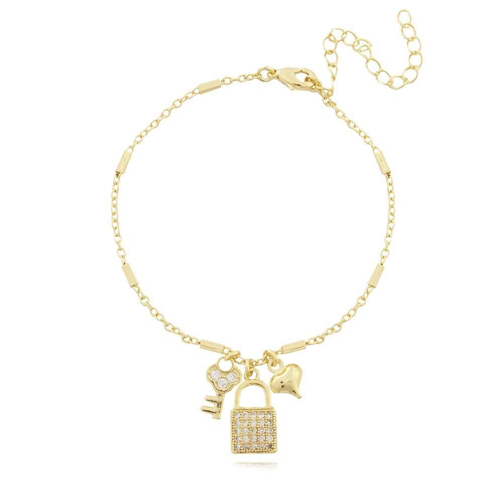Pst-2629-Fo Pulseira Cadeado, Coração E Chave