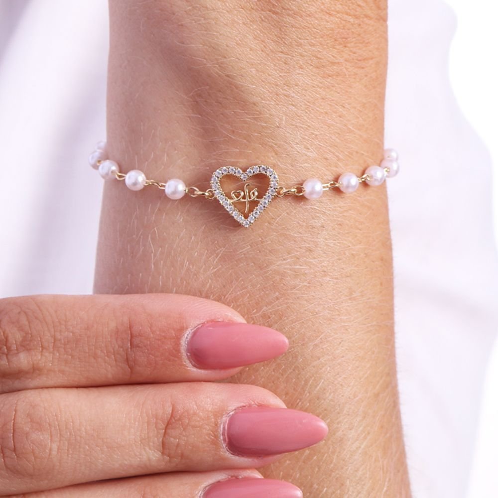 Pst-2672-Fo Pulseira De Pérolas E Coração Fé Cravejado De Zircônias