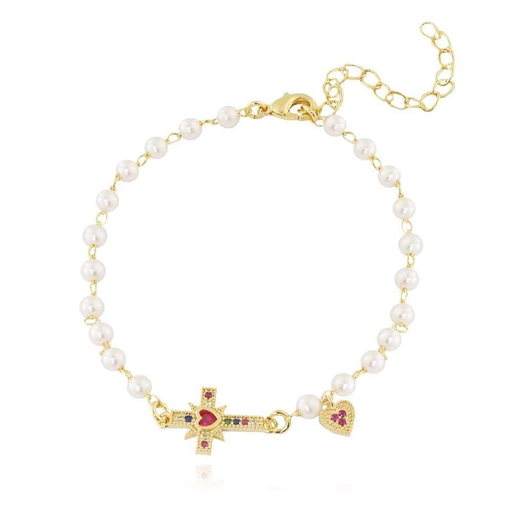 Pst-2674-Fo Pulseira De Pérolas E Cruz Cravejada Colorida