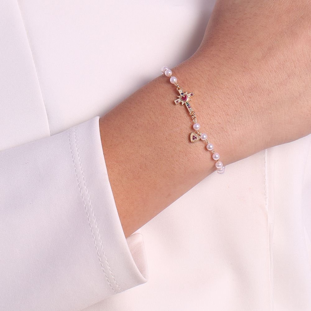 Pst-2674-Fo Pulseira De Pérolas E Cruz Cravejada Colorida