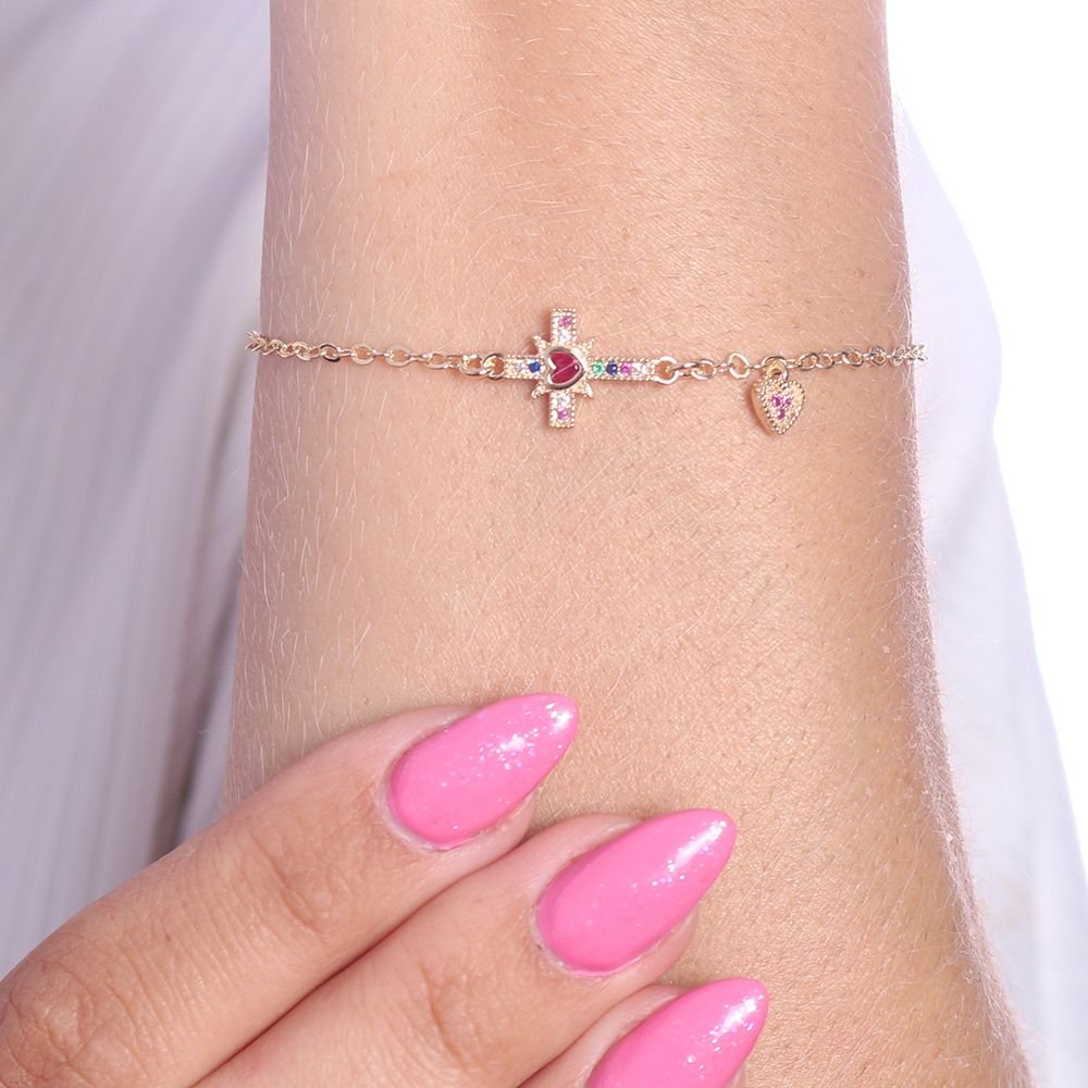 Pst-2675-Fo Pulseira De Cruz E Coração Cravejada Colorida