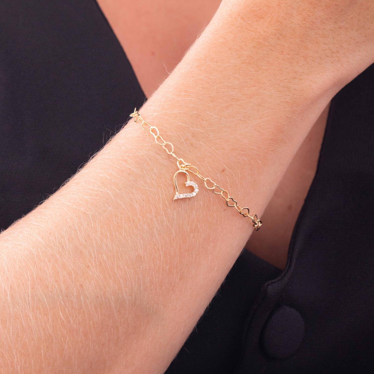 Pst-2702-Fo Pulseira Elos De Coração Com Pingente De Coração Cristal.