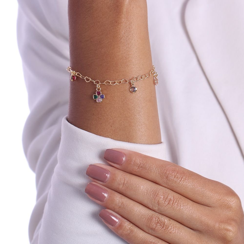 Pst-2779-Fo Pulseira Trevo De Quatro Folhas E Pontos De Luz Coloridos 