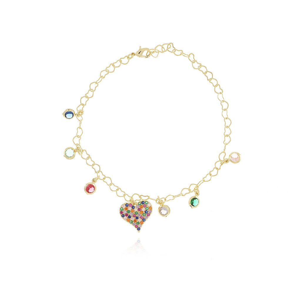 Pst-2782-Fo Pulseira Com Zircônias E Coração Cravejado Colorido