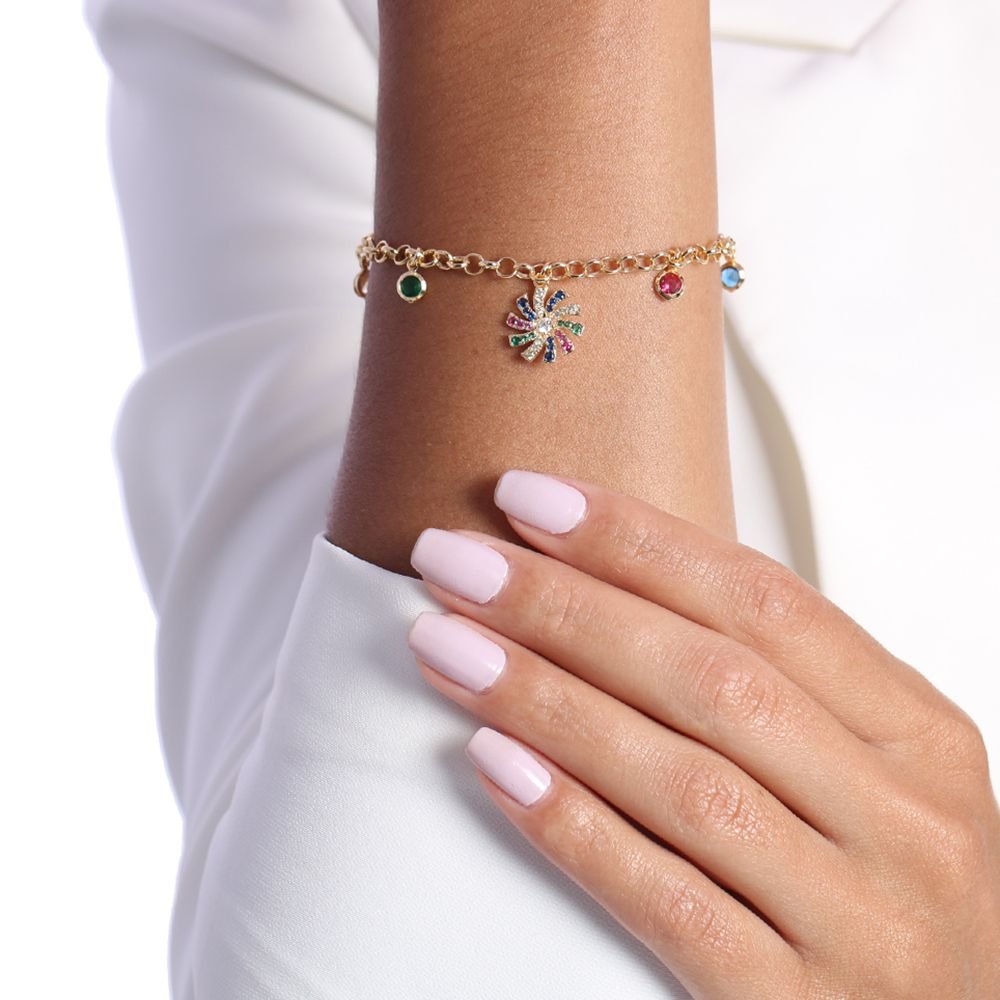 Pst-2783-Fo Pulseira Com Pingente De Cata-Vento E Zircônias Coloridas