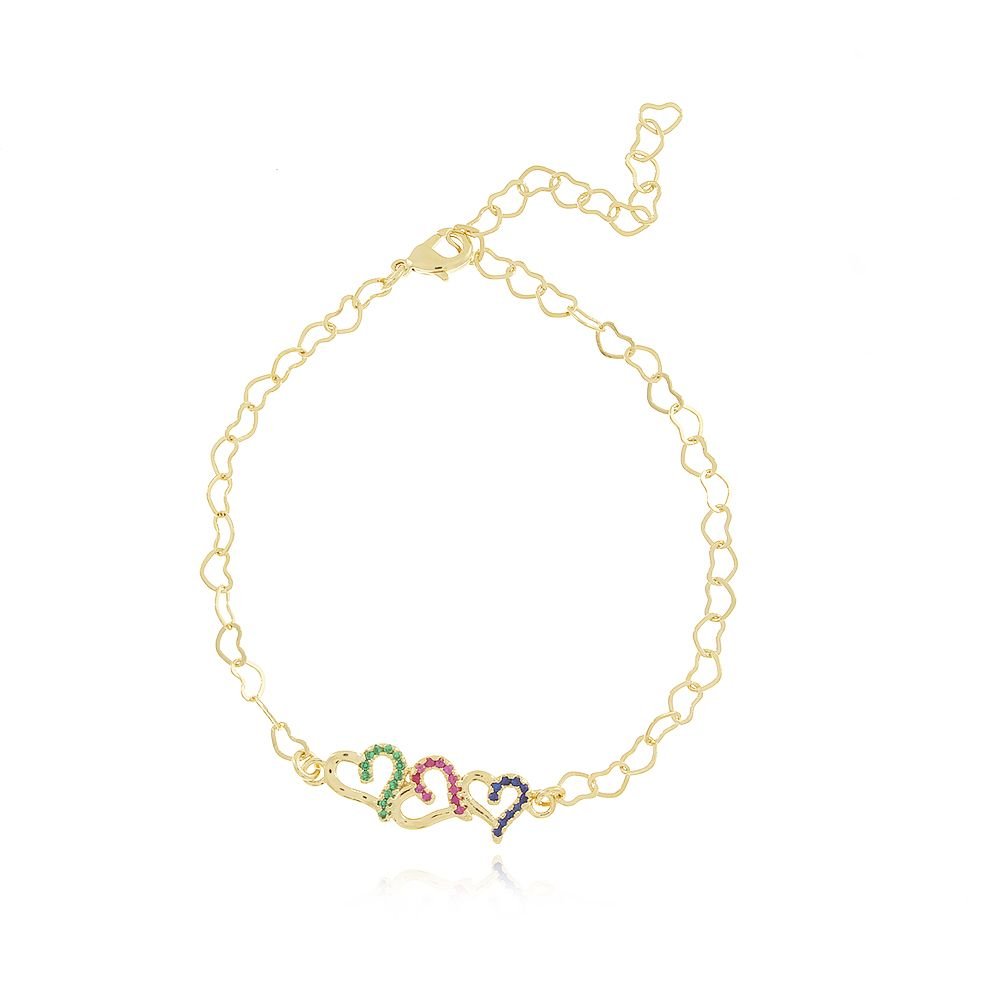 Pst-2822-Fo Pulseira De Corações Cravejado Colorido