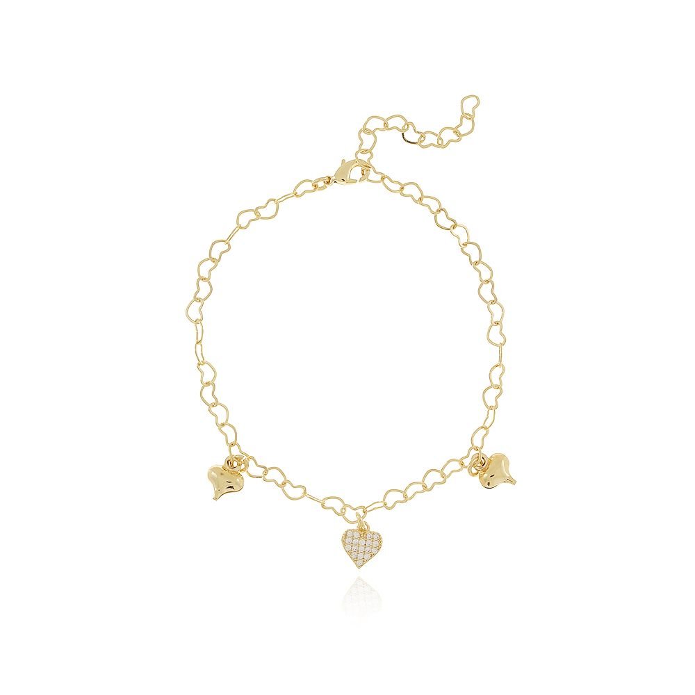 Pst-2843-Fo Pulseira De Elos De Coração E Corações Lisos E Cravejado