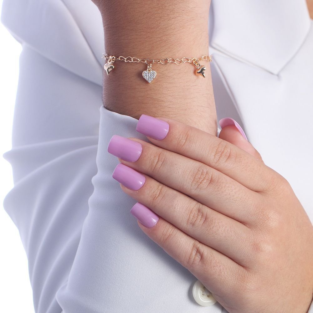 Pst-2843-Fo Pulseira De Elos De Coração E Corações Lisos E Cravejado