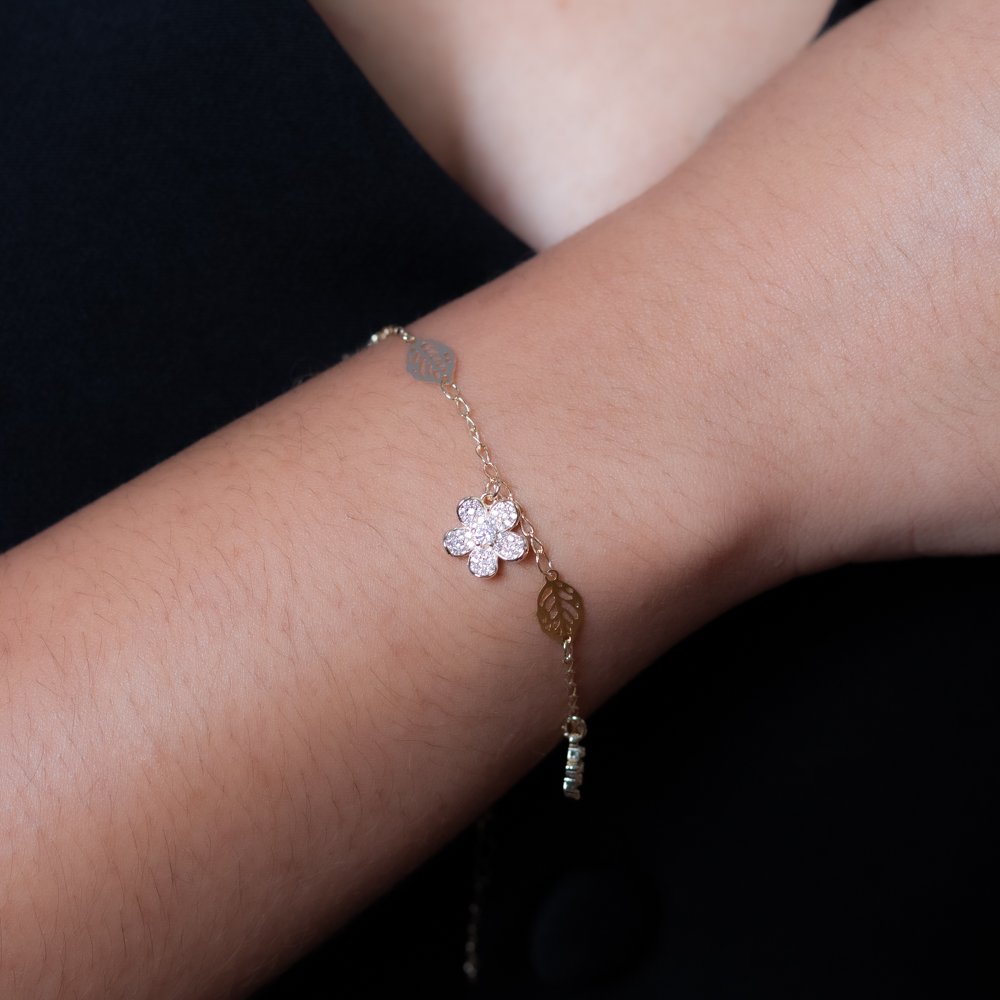 Pst-2846-Fo Pulseira De Folhas E Flores Cravejada De Zircônia Cristal.