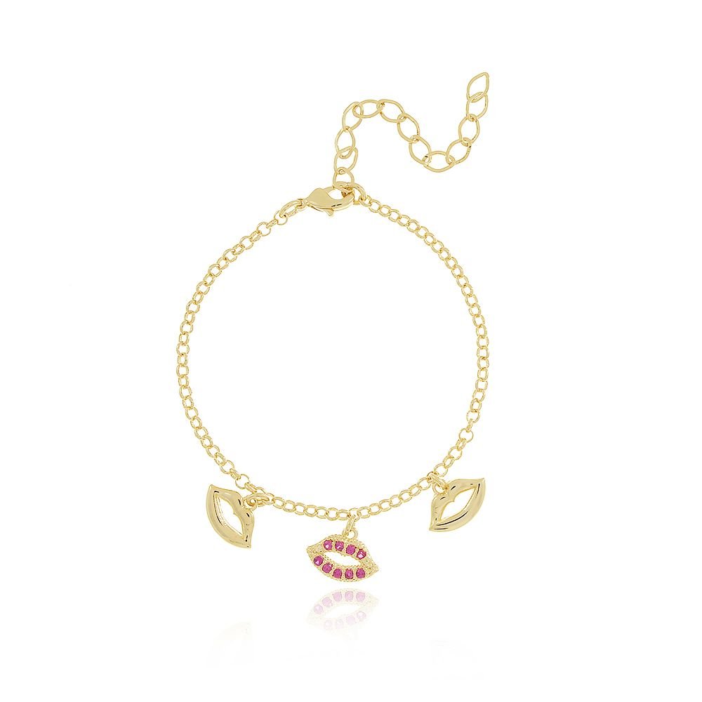 Pst-2888-Fo Pulseira De Bocas Cravejada Fúcsia