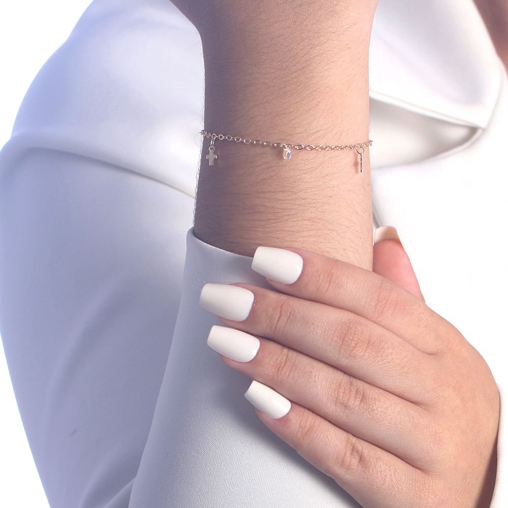 Pst-2905-Fo Pulseira De Cruz E Pedras De Coração