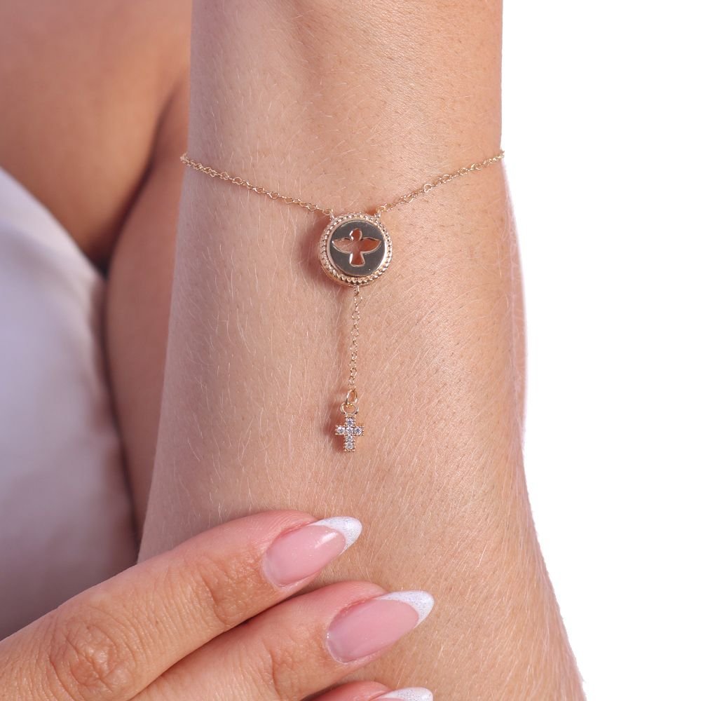 Pst-2956-Fo Pulseira Pomba Da Paz E Cruz Cravejada Cristal