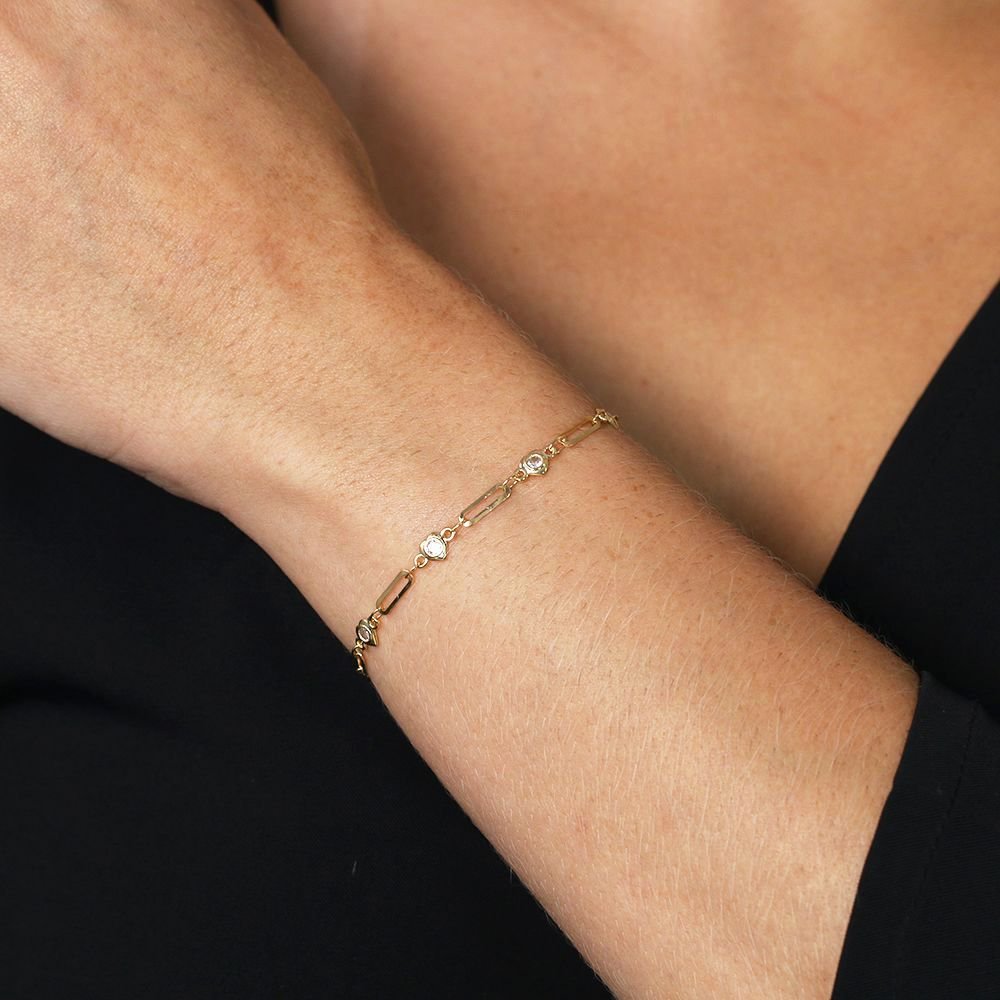 Pst-2980-Fo Pulseira De Elos E Corações Cravejados De Zircônias. Pst-2980-Fo Pulseira De Elos E Corações Cravejados De Zircônias.