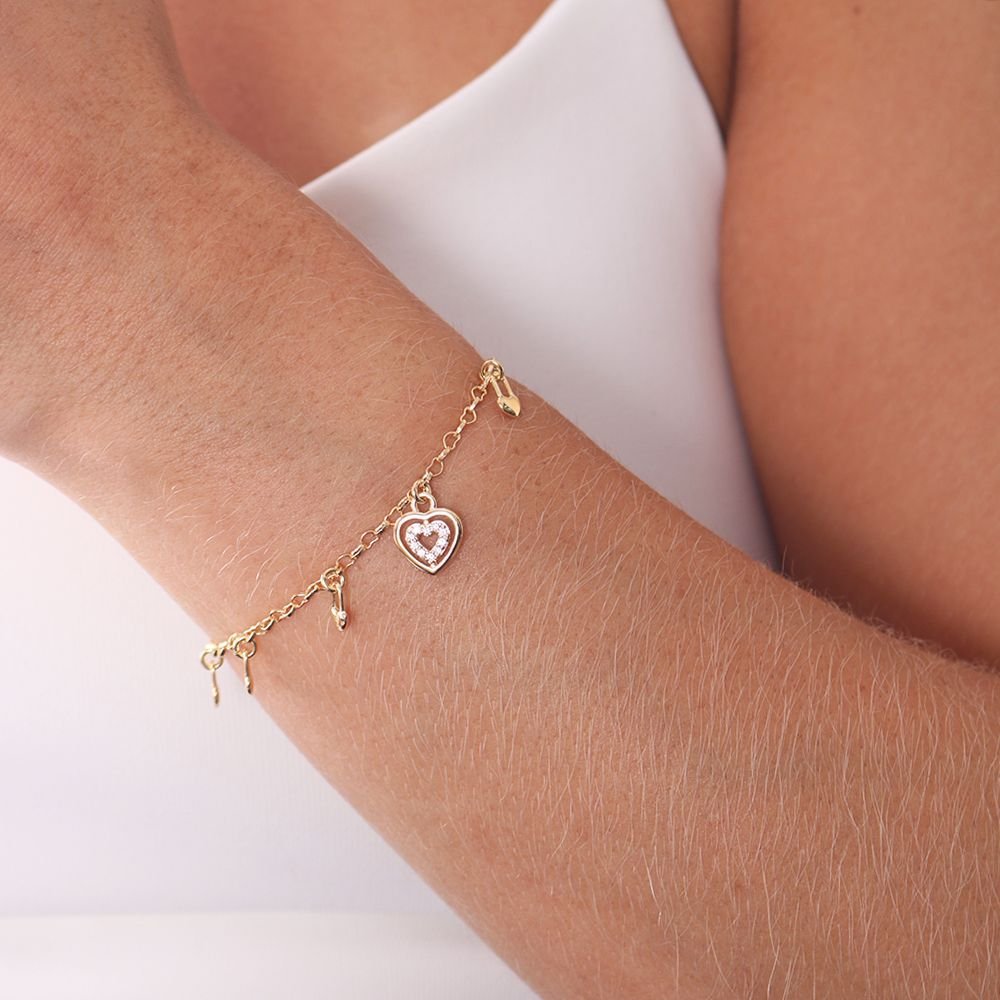 Pst-2987-Fo Pulseira Com Cadeados De Coração E Coração Cravejado De Zircônias. Pst-2987-Fo Pulseira Com Cadeados De Coração E Coração Cravejado De Zircônias.